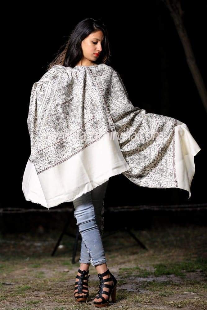 Off White Colour Woolen Shawl With Sozni OverAll Jaal Gives