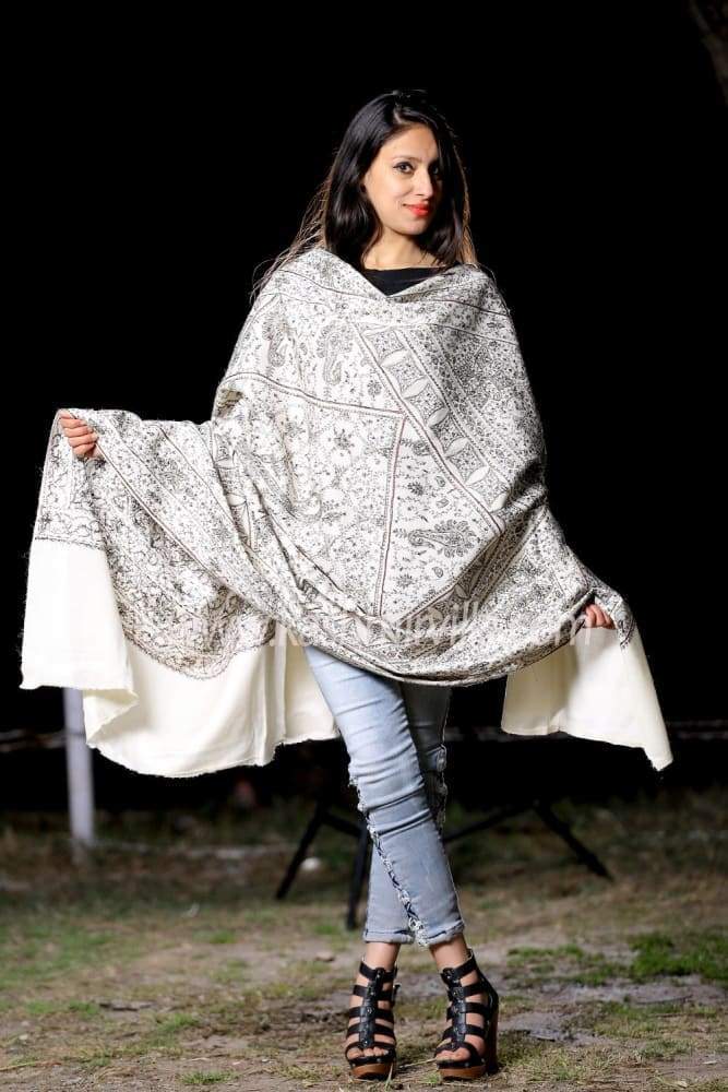 Off White Colour Woolen Shawl With Sozni OverAll Jaal Gives