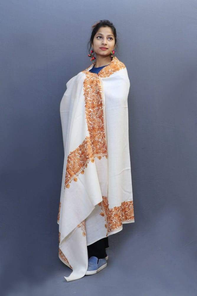 White Colour Wrap With Brown Aari Embroidery Looks