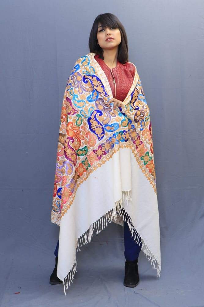 White Colour Wrap With Richly Designed Aari Jaal And Highly