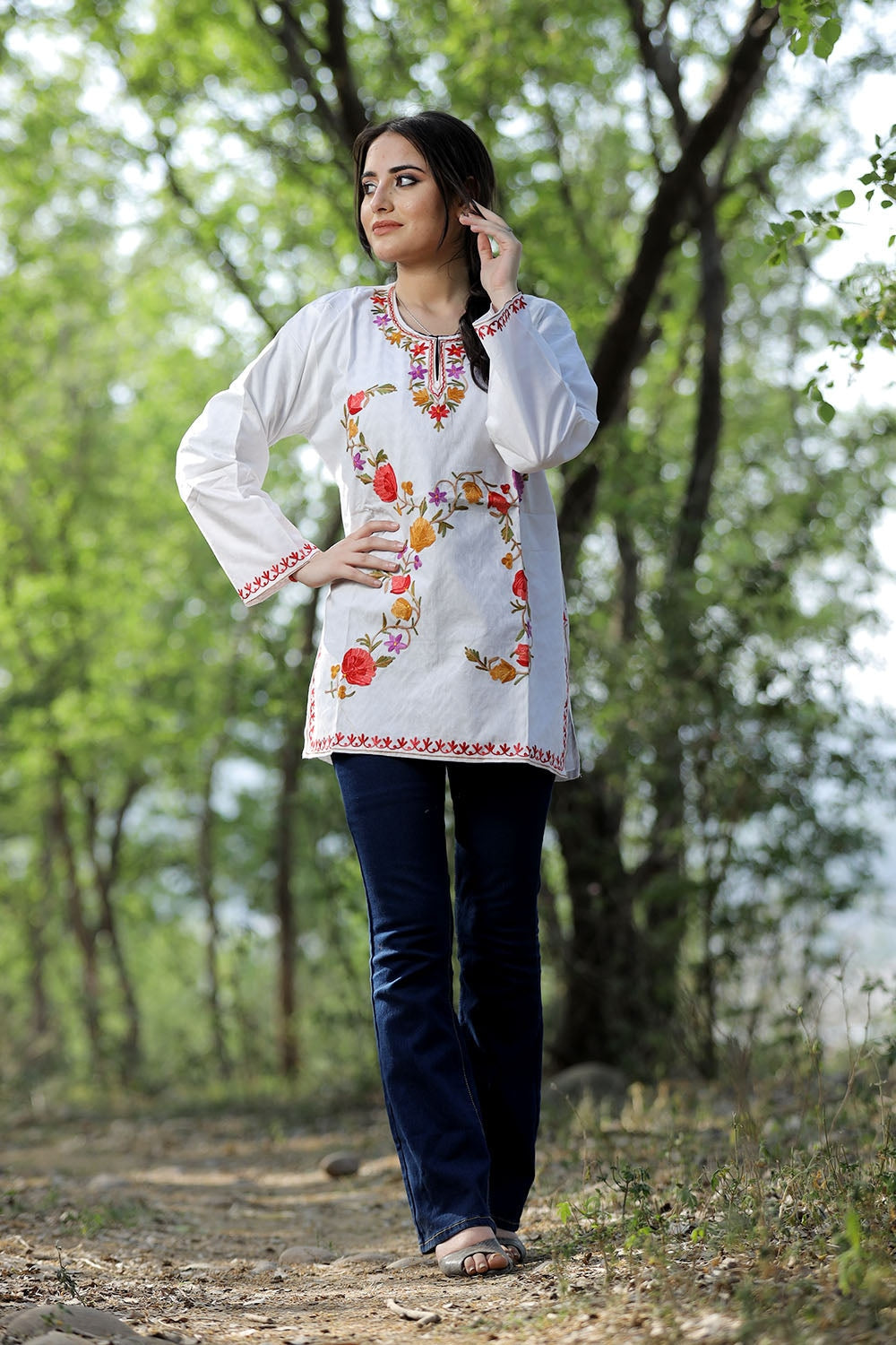 White Cotton Aari Work Kurti With Multicoloured Designer