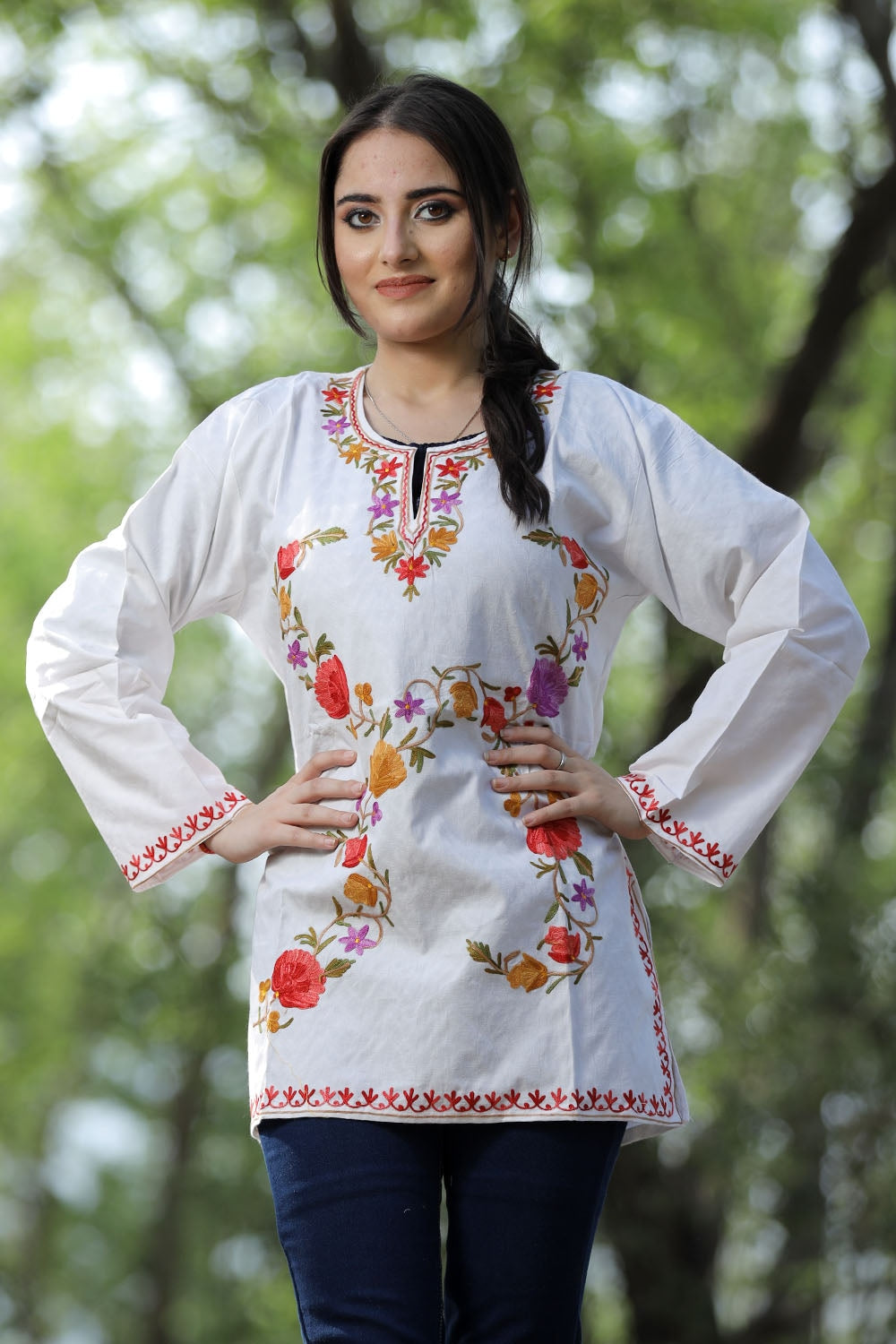 White Cotton Aari Work Kurti With Multicoloured Designer