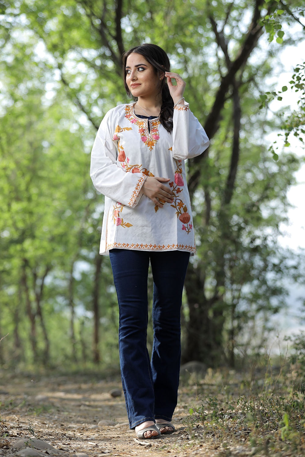 White Cotton Aari Work Kurti With Multicoloured Designer