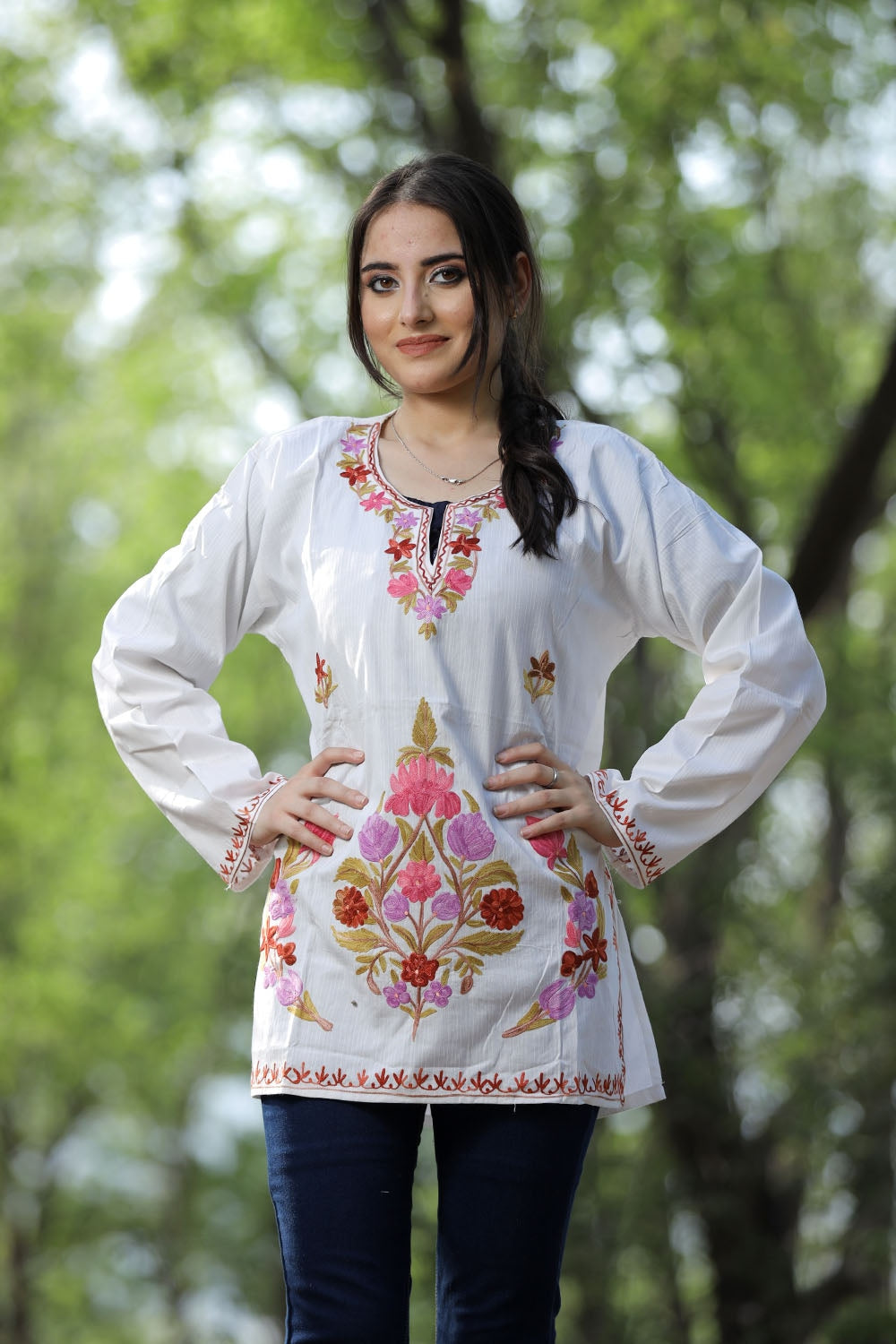 White Cotton Aari Work Kurti With Multicoloured Designer
