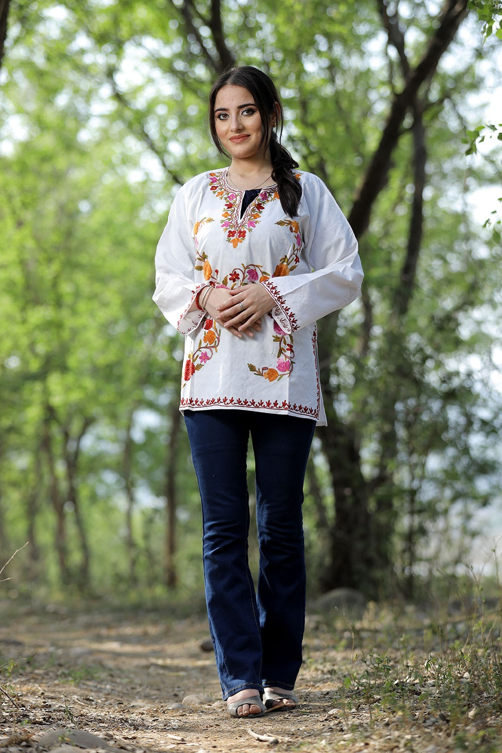 White Cotton Aari Work Kurti With Multicoloured Designer