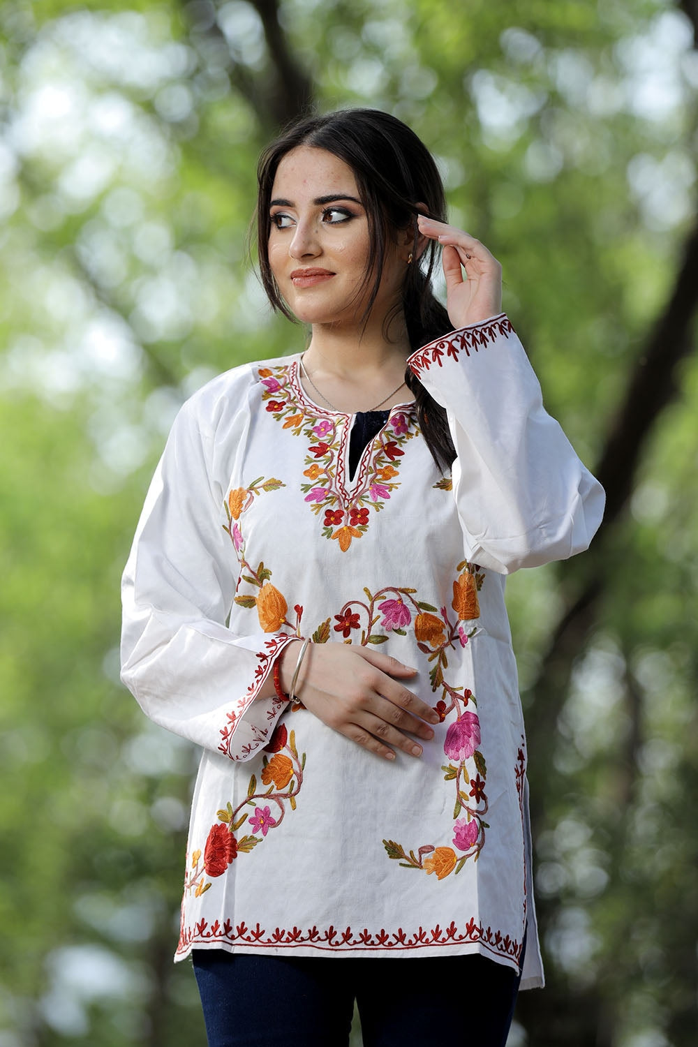 White Cotton Aari Work Kurti With Multicoloured Designer