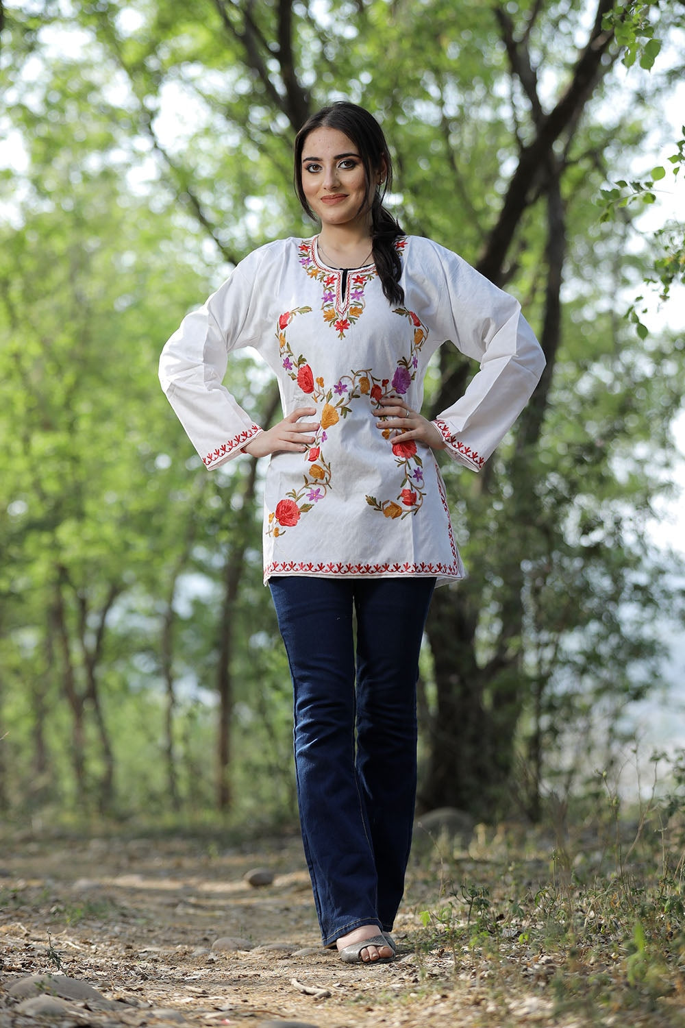 White cotton aari work kurti with multicoloured designer flower