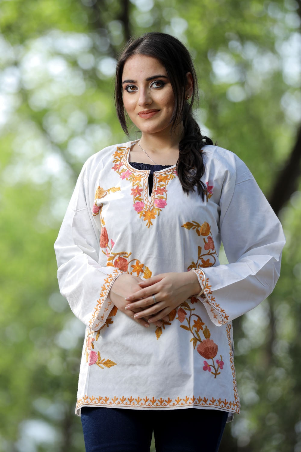 White Cotton Aari Work Kurti With Multicoloured Designer