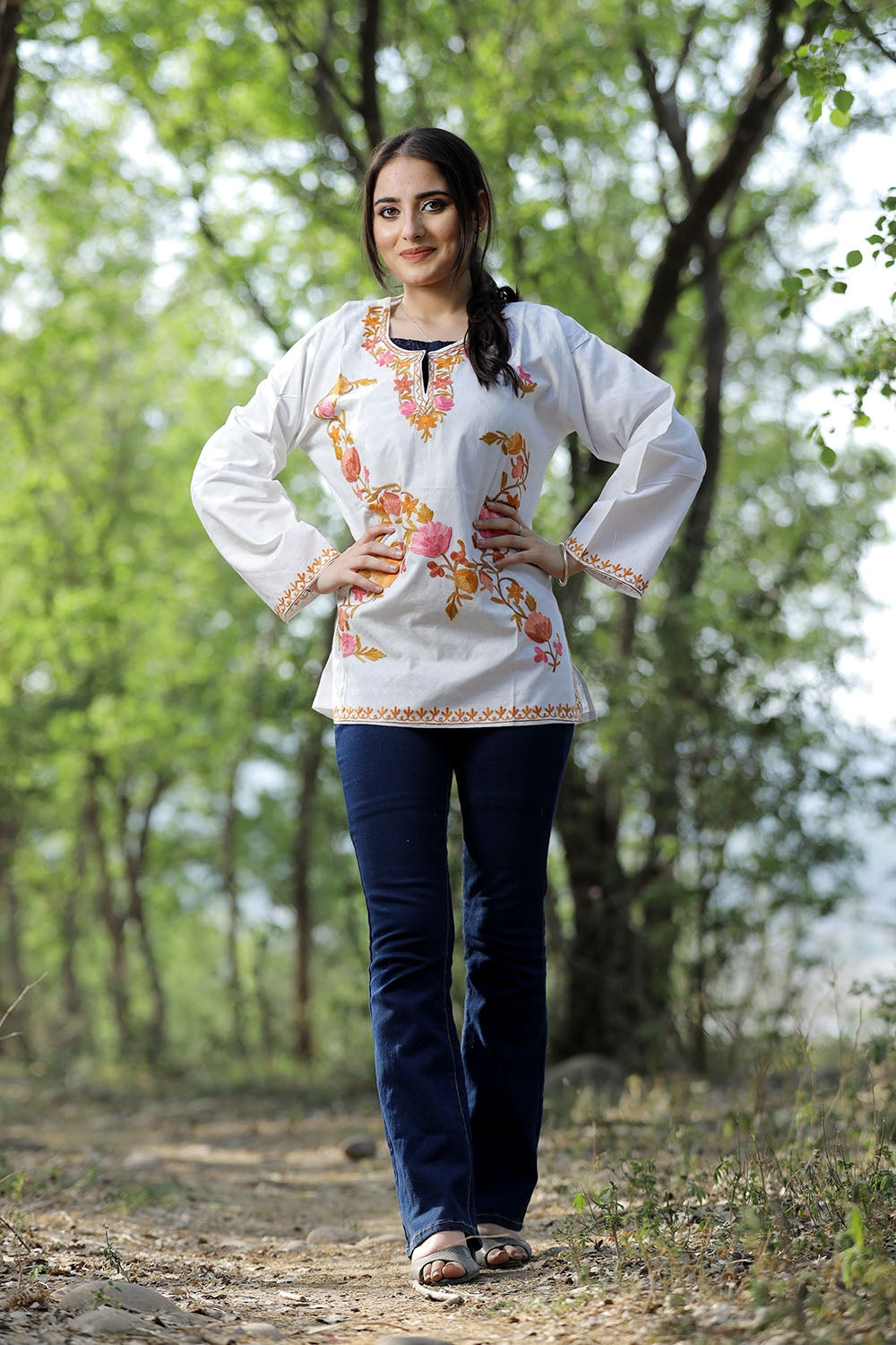 White Cotton Aari Work Kurti With Multicoloured Designer