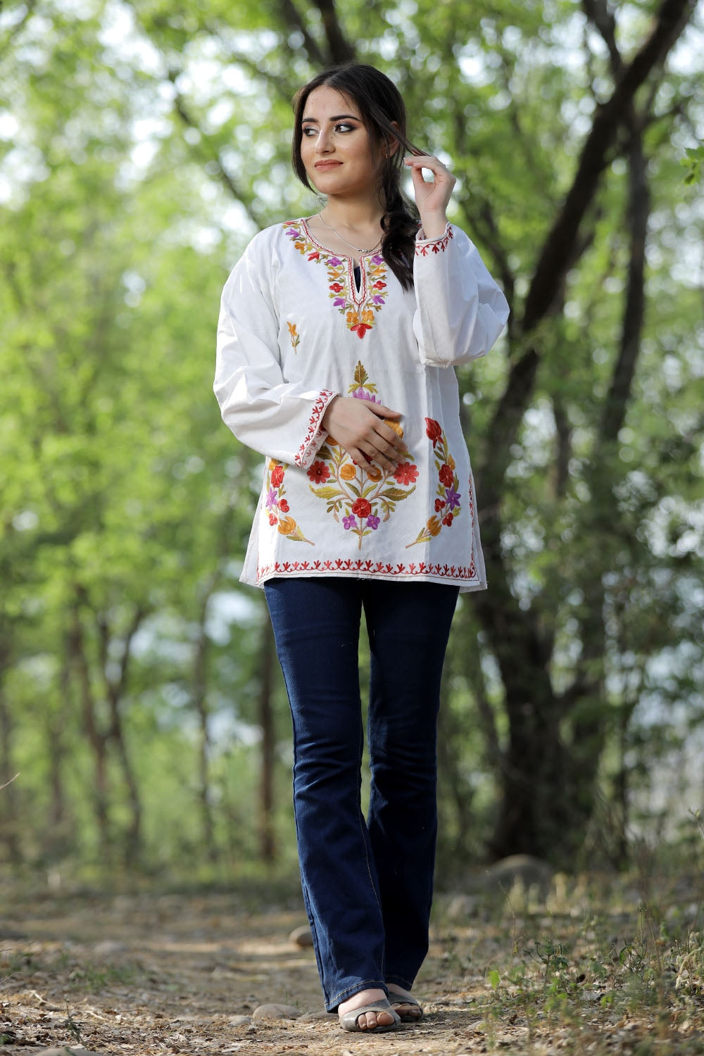 White Cotton Aari Work Kurti With Multicoloured Designer