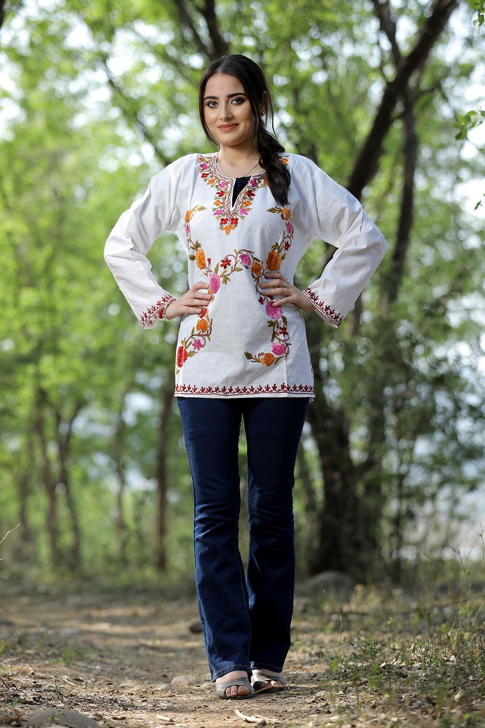 White Cotton Aari Work Kurti With Multicoloured Designer