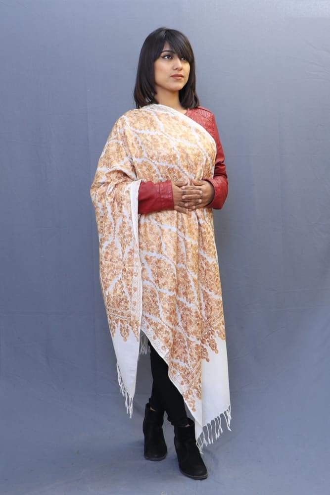 White Golden Colour Stole With Kashmiri Embroidery