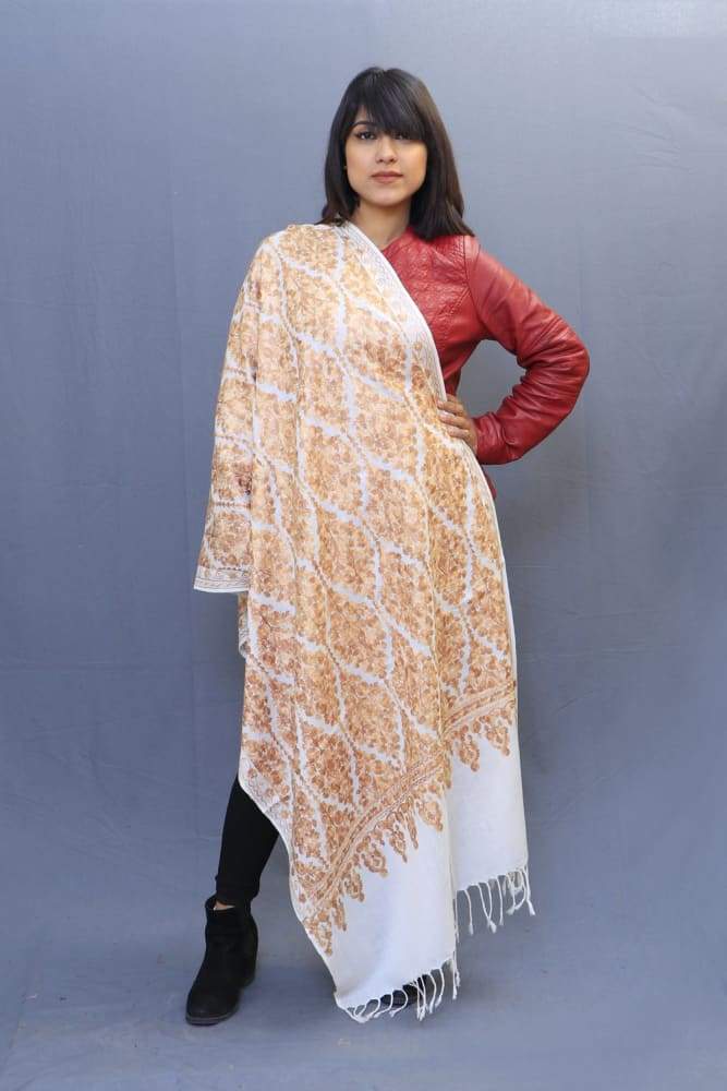 White Golden Colour Stole With Kashmiri Embroidery