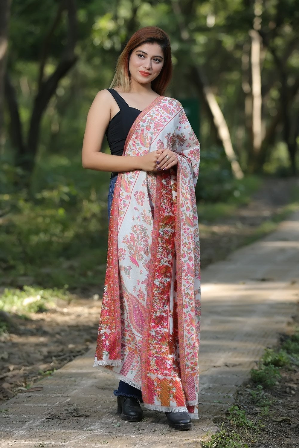 White (Ivory) Colour Designer Shawl With Beautifully