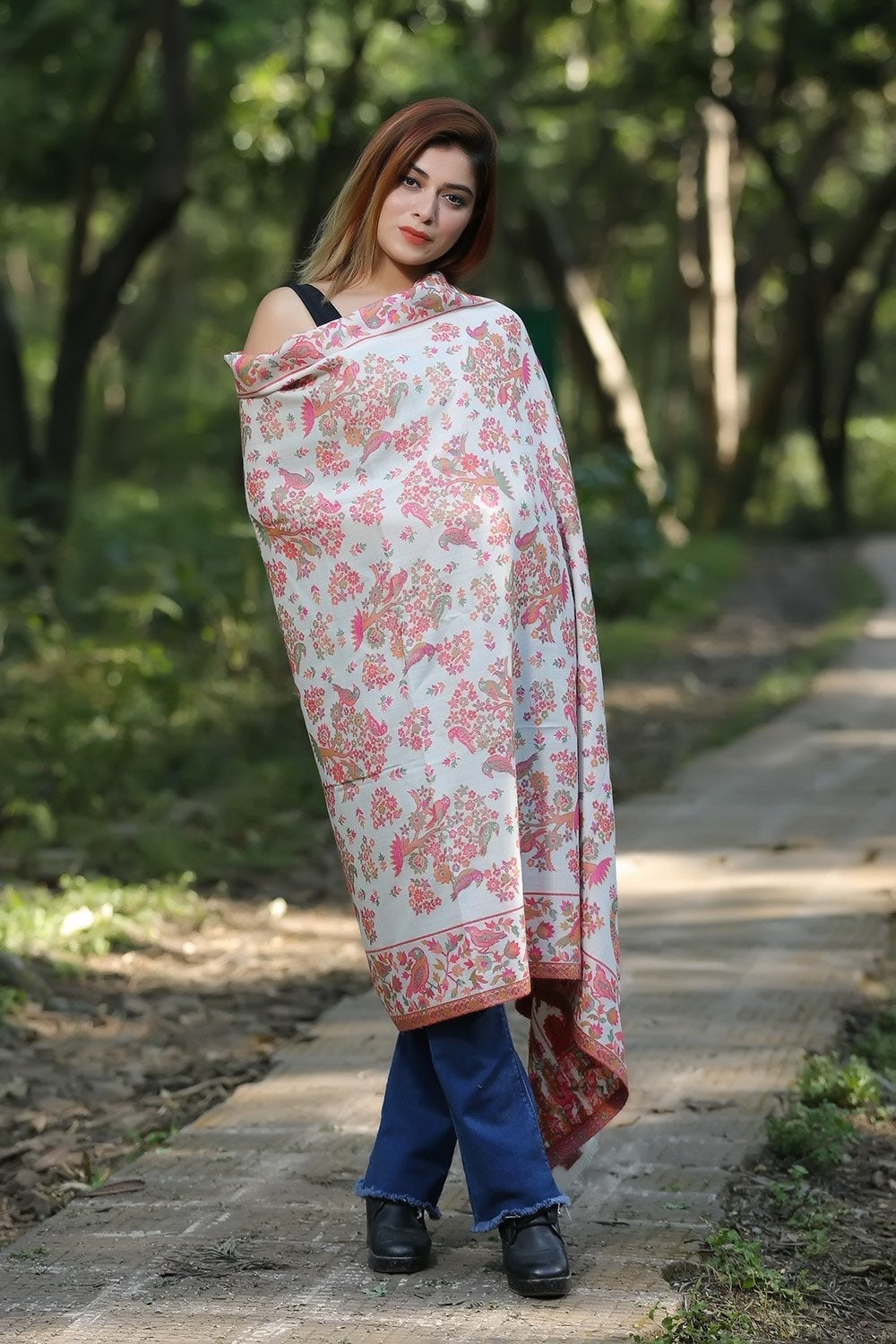 White (Ivory) Colour Designer Shawl With Beautifully