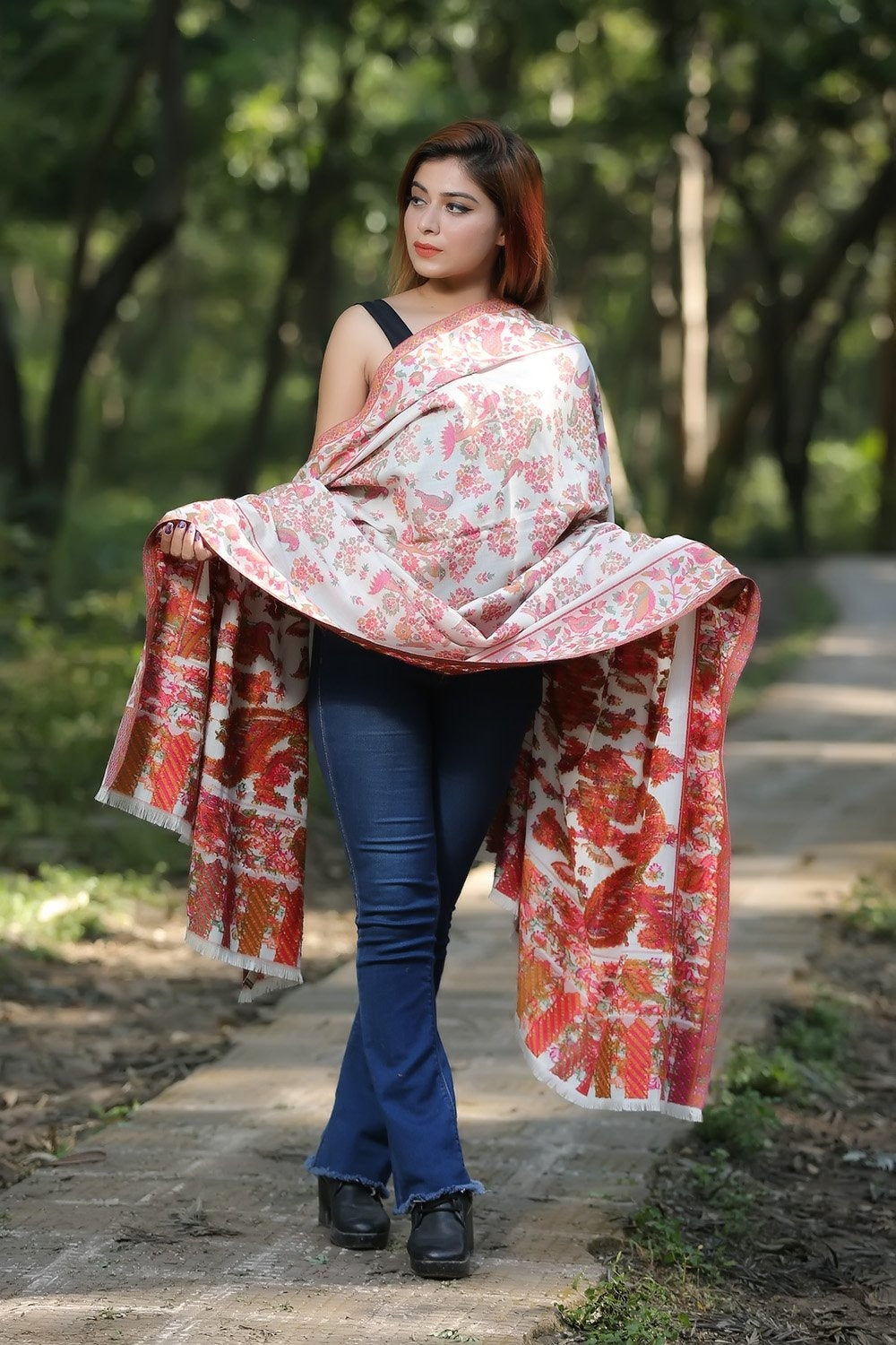 White (Ivory) Colour Designer Shawl With Beautifully