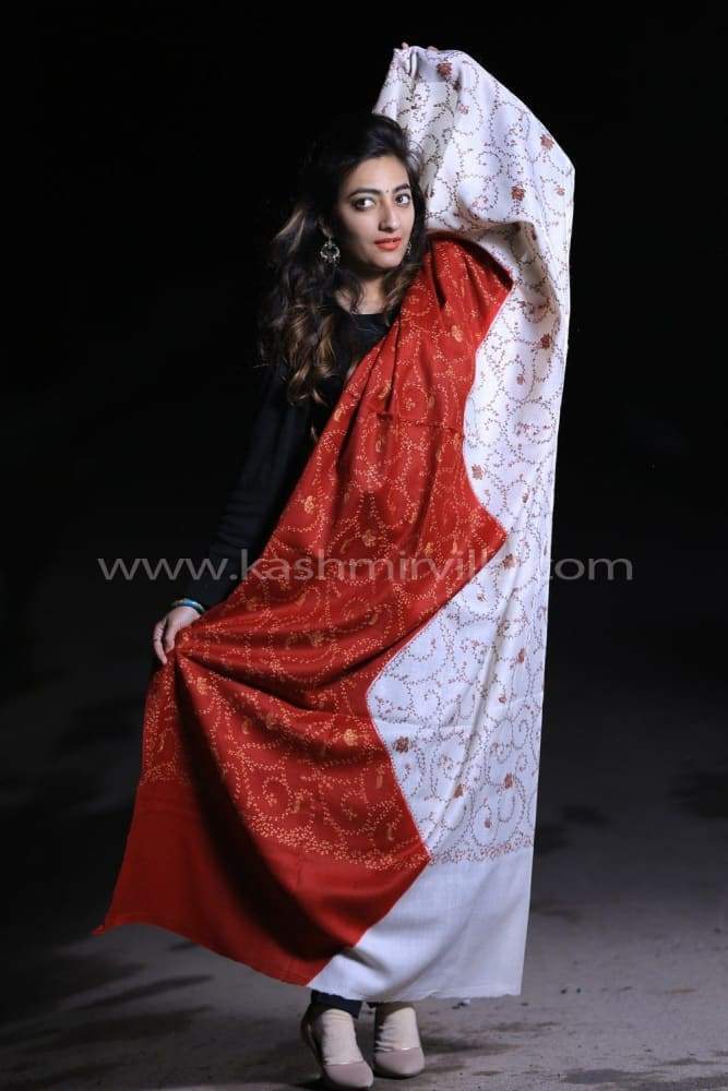 White Maroon Kashmiri Sozni Work Shawl With Running Jaal