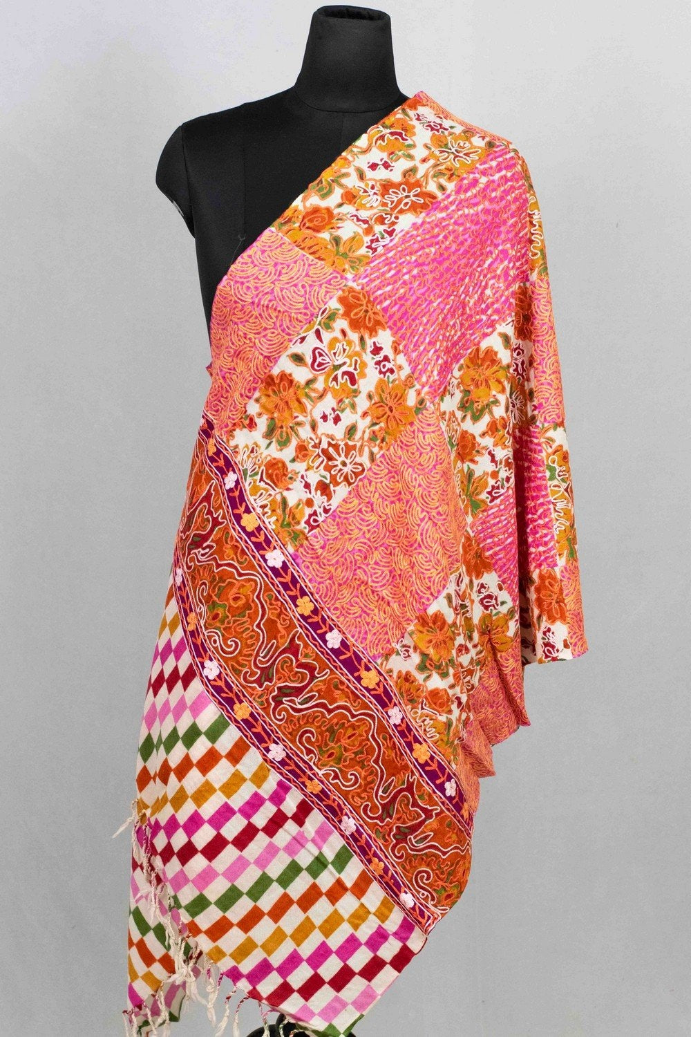 White Multicolor Aari Work Embroidered Stole Enriched