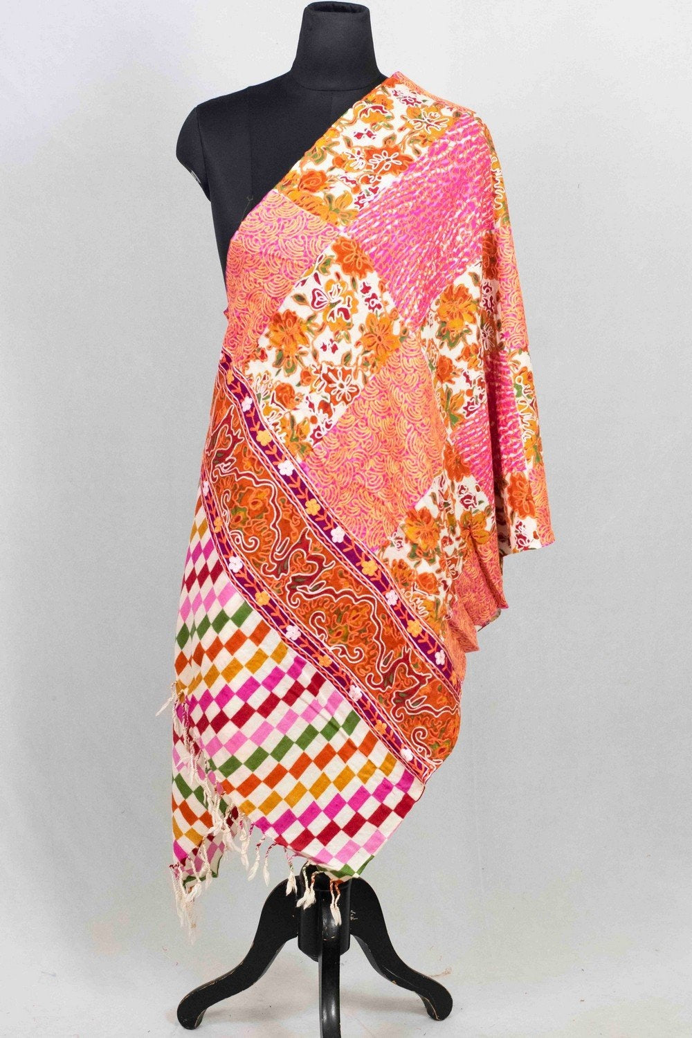 White Multicolor Aari Work Embroidered Stole Enriched