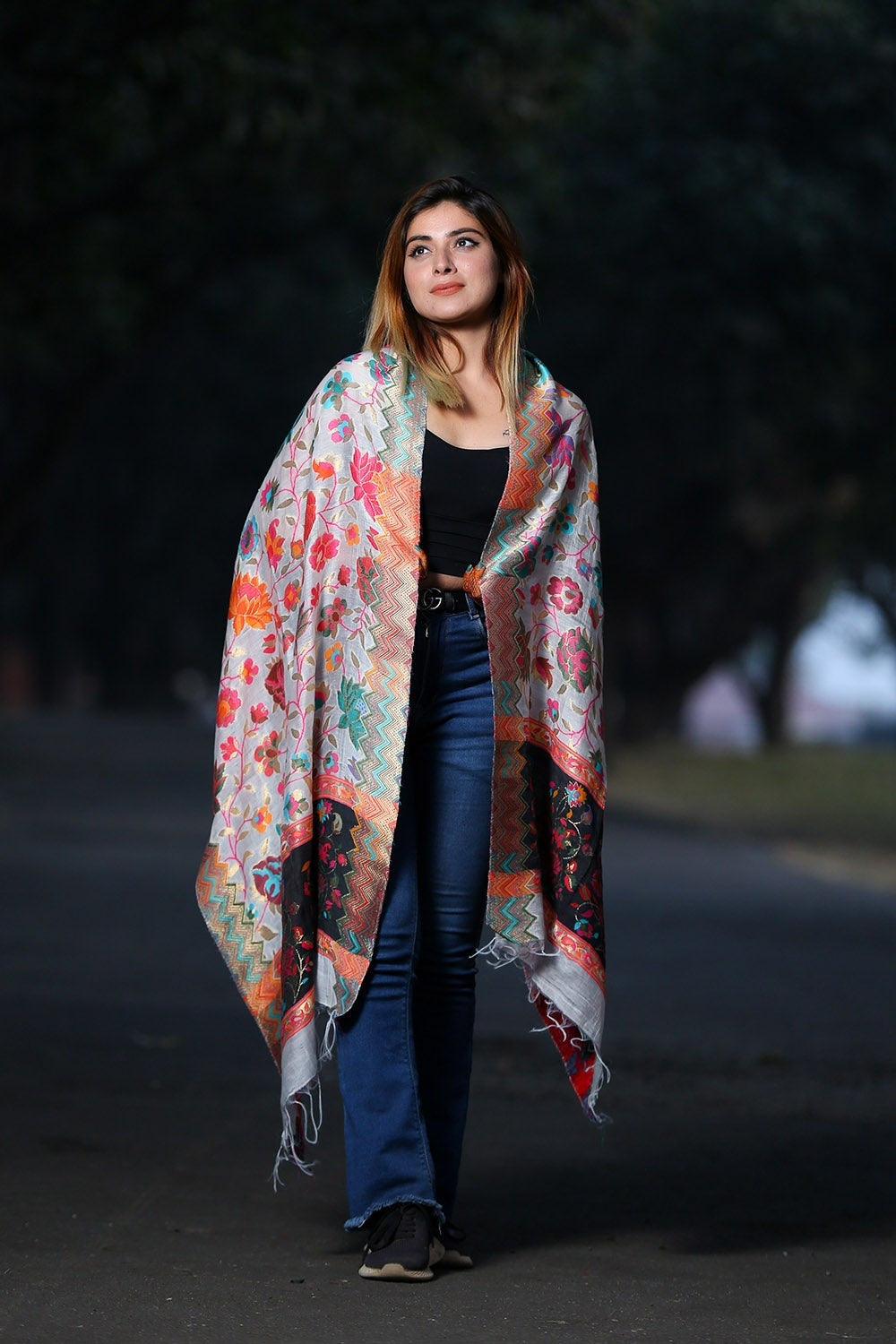 WHITE MULTICOLOUR KANI SCARF DEFINES FEMINISM AND ENHANCES