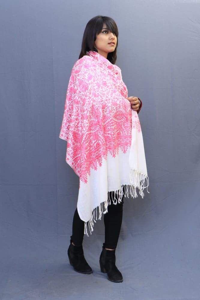 White Pink Colour Stole With Kashmiri Embroidery