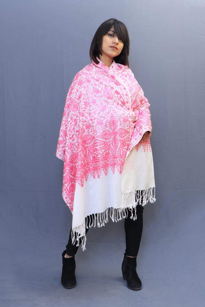White Pink Colour Stole With Kashmiri Embroidery
