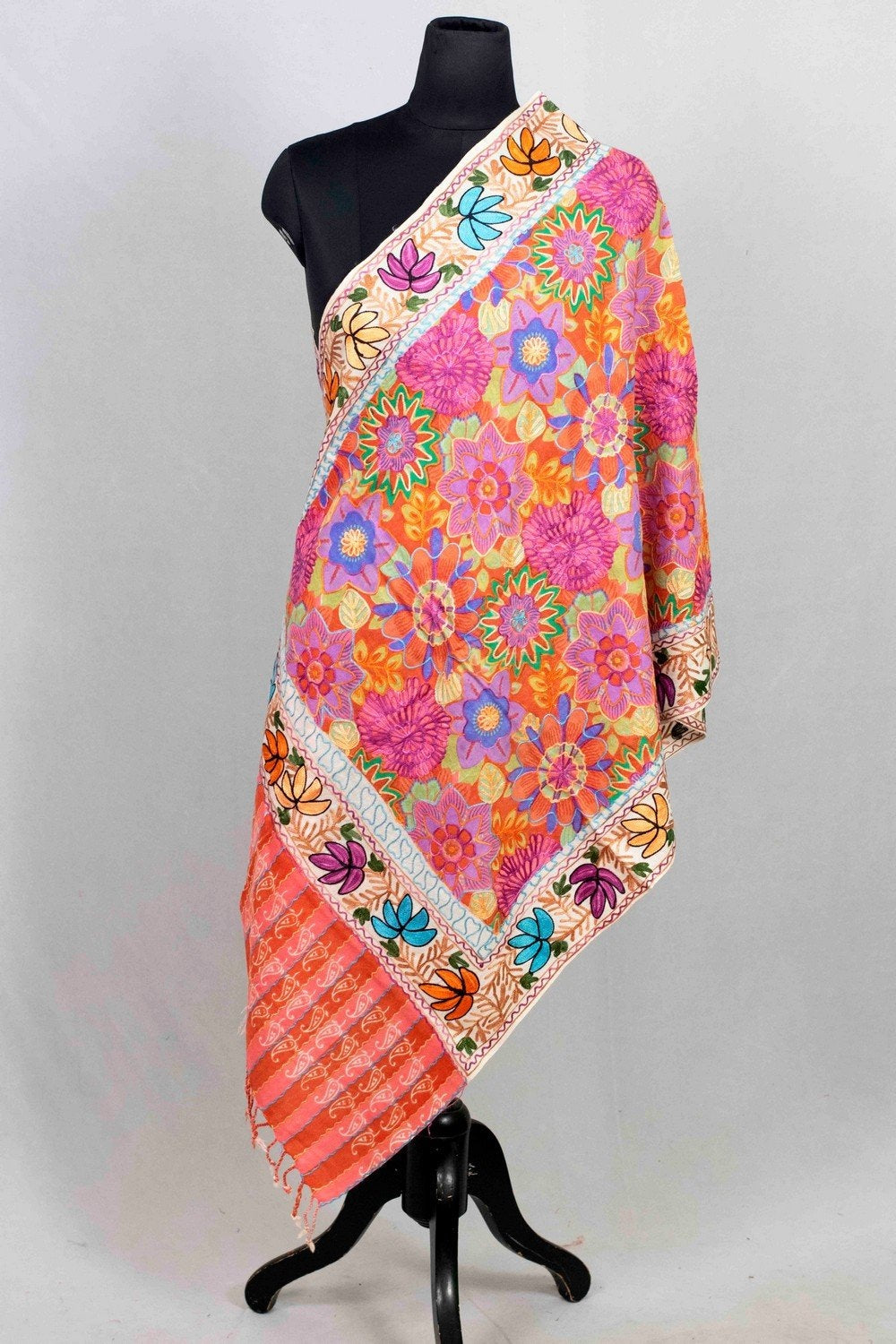 White & Pink Pastel Multicolor Aari Work Embroidered Stole
