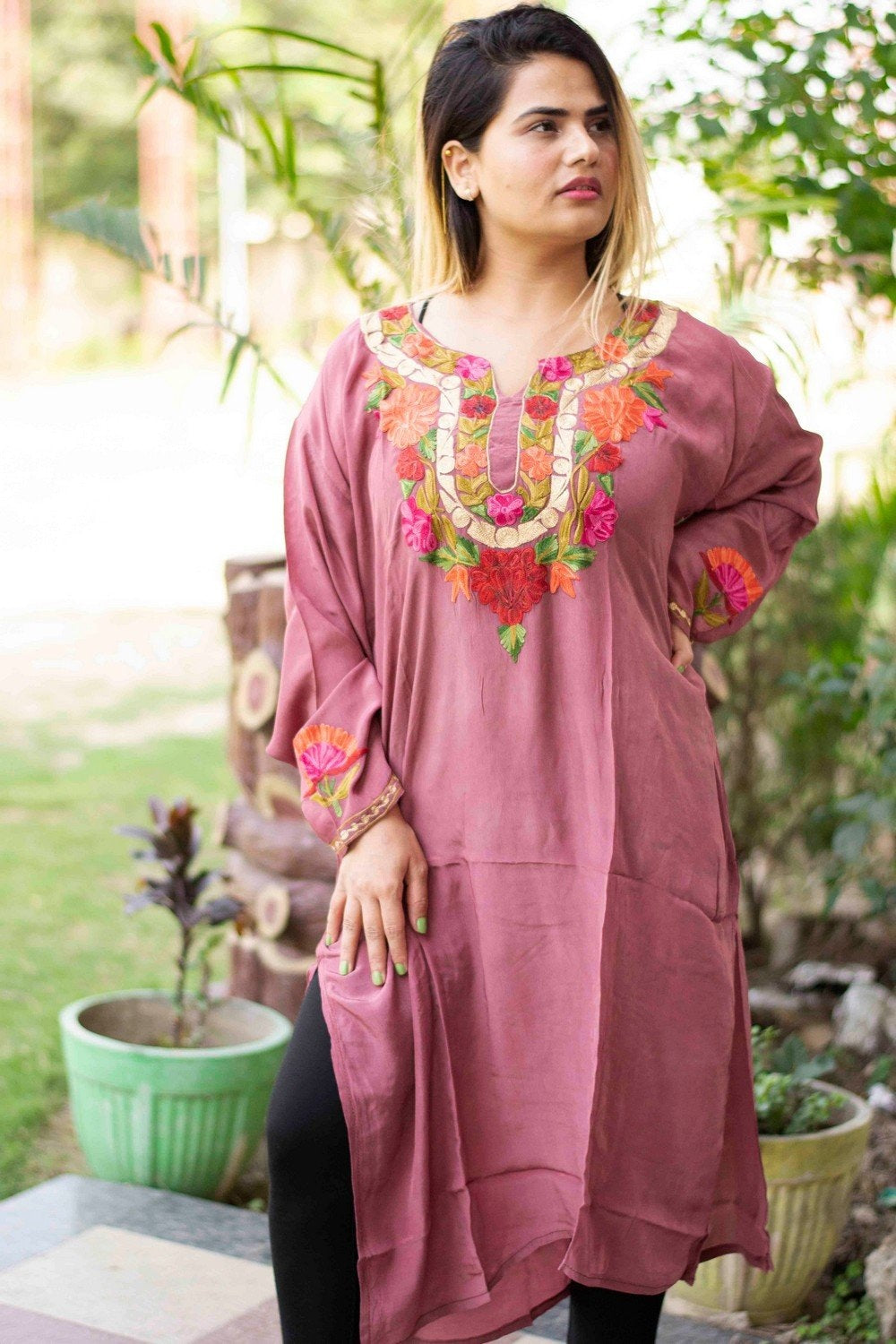 Wine colour kashmiri kurti with beautiful aari embroidery gives