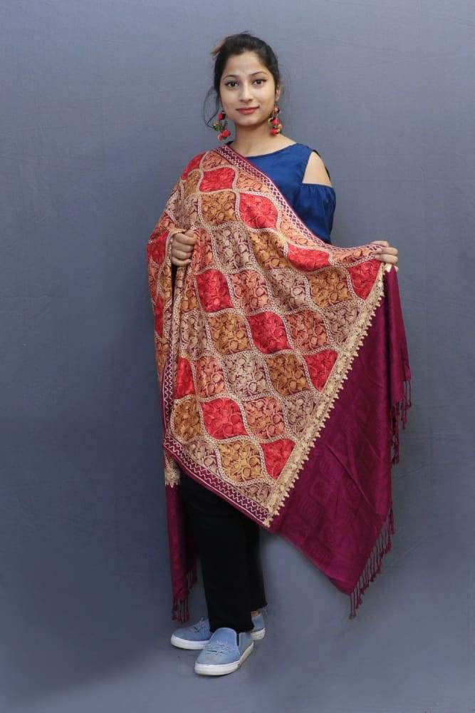 Wine Colour Shawl With Beautiful Allover Aari Jaal