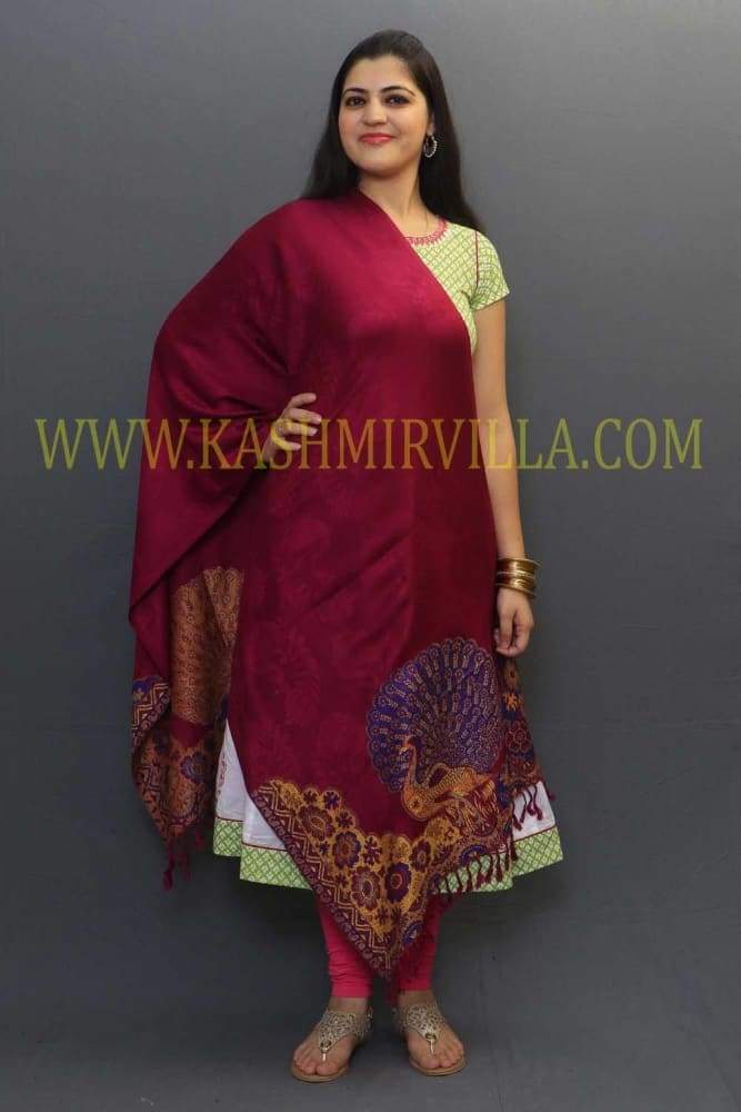 Wine Colour Soft Textured Wrap With Peacock Printing