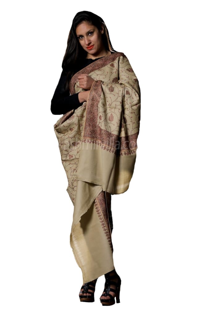 This Woolen Base Beige Colour Sozni Shawl With Richly