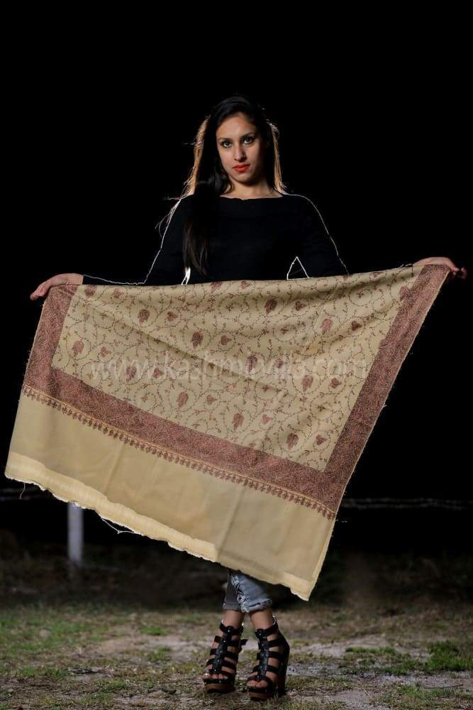 This Woolen Base Beige Colour Sozni Shawl With Richly