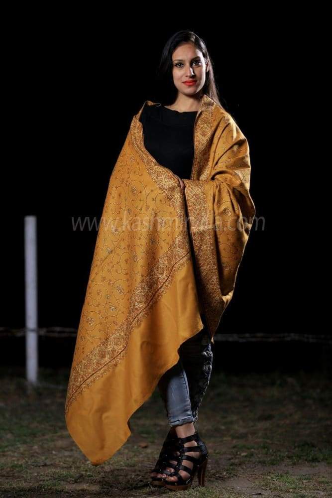 This Woolen Base Mustard Colour Sozni Shawl With Richly