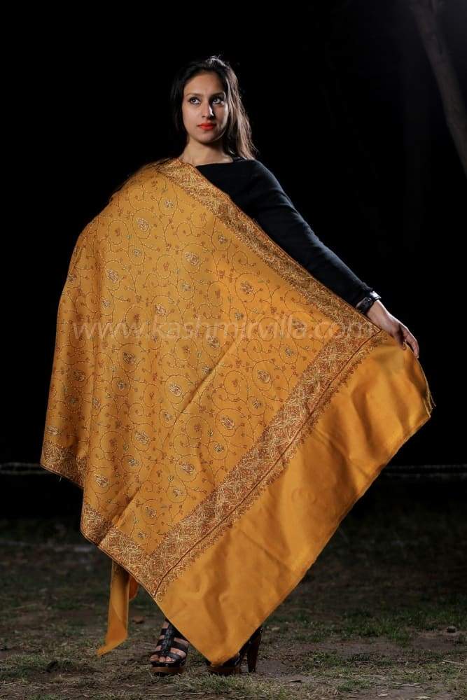 This Woolen Base Mustard Colour Sozni Shawl With Richly