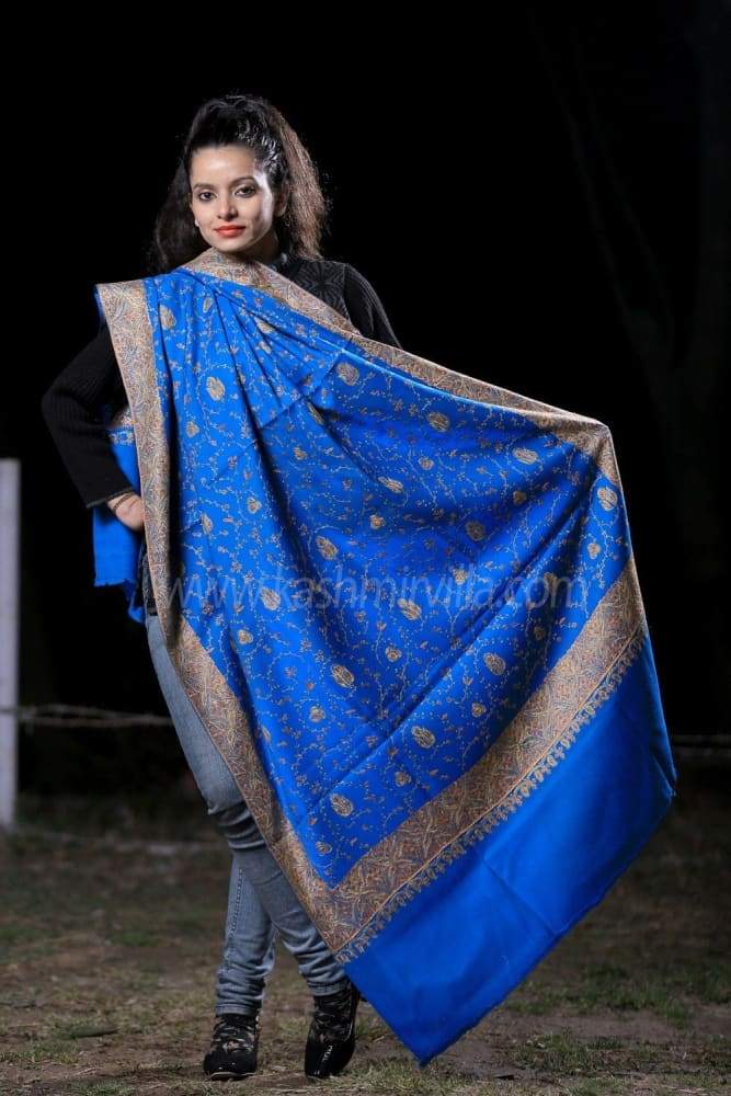 This Woolen Base RoyalBlue Colour Sozni Shawl With Richly
