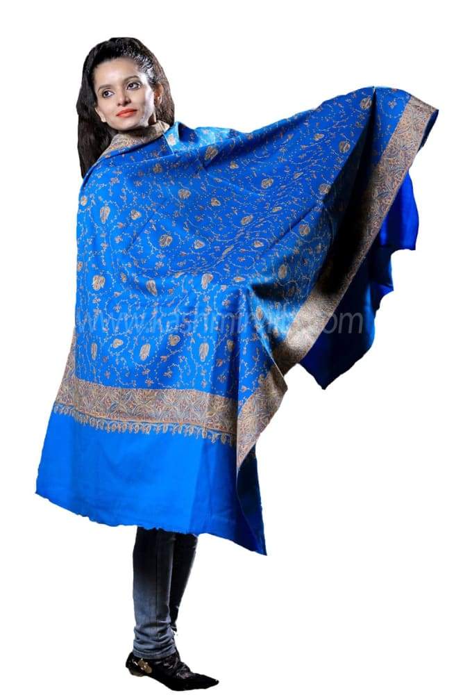 This Woolen Base RoyalBlue Colour Sozni Shawl With Richly