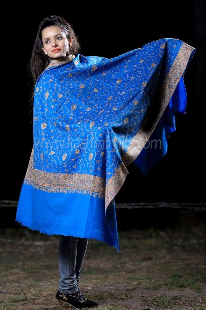 This Woolen Base RoyalBlue Colour Sozni Shawl With Richly