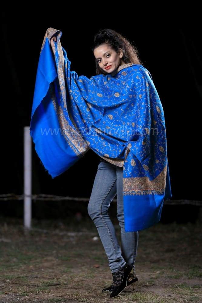 This Woolen Base RoyalBlue Colour Sozni Shawl With Richly