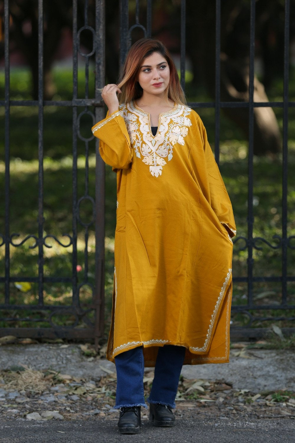 Yellow Color Aari Work Embroidered Phiran Enriched Designer