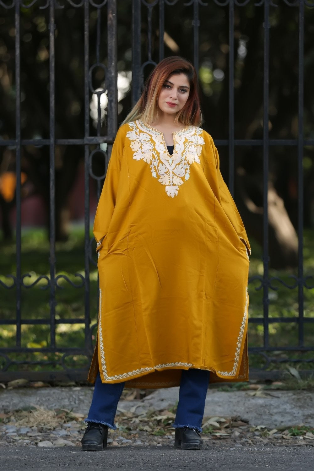 Yellow Color Aari Work Embroidered Phiran Enriched Designer