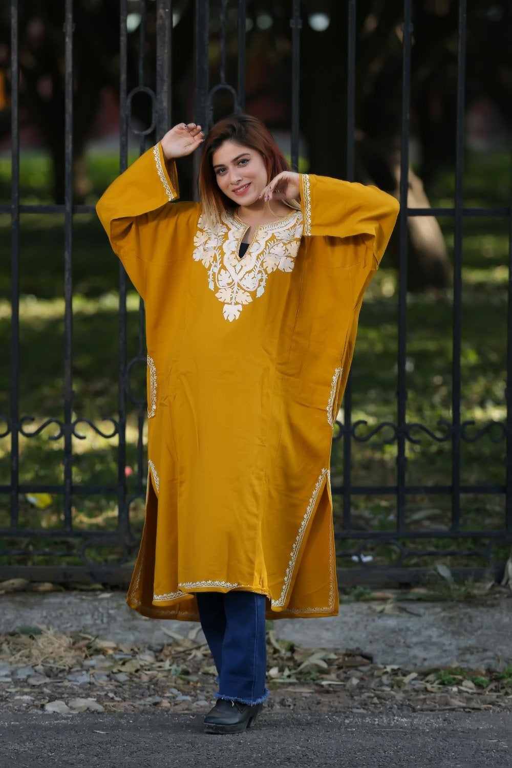 Yellow Color Aari Work Embroidered Phiran Enriched Designer