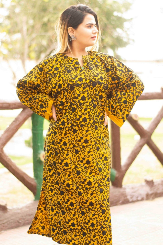 Yellow Color Kashmiri Work Phiran Enriched Designer Black