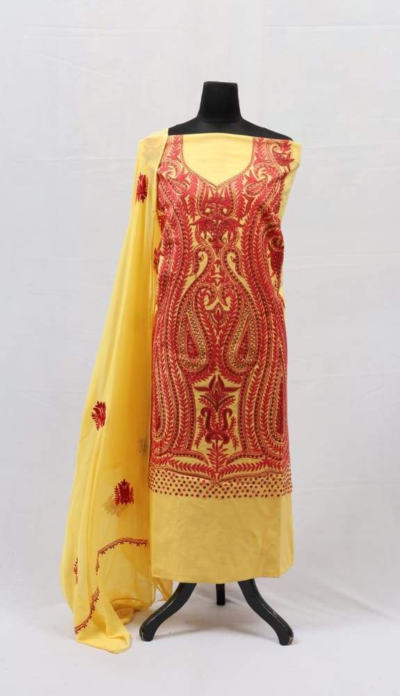 Yellow Colour Kashmiri Aari Work Embroidered Cotton Suit