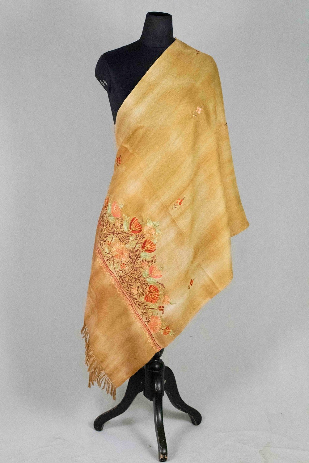 Yellow Colour Tye Dye Stole With kashmiri Embroidery