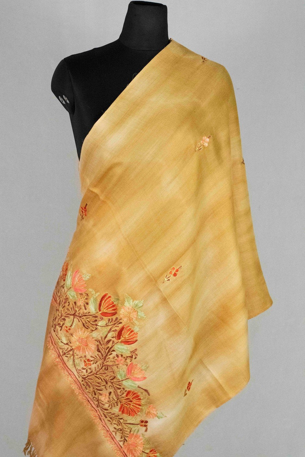 Yellow Colour Tye Dye Stole With kashmiri Embroidery