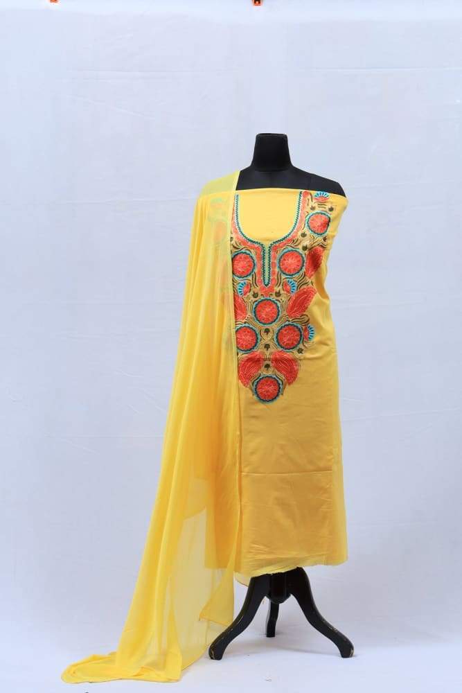Yellow Mustard Aari Work Salwar Kameez With Blooming