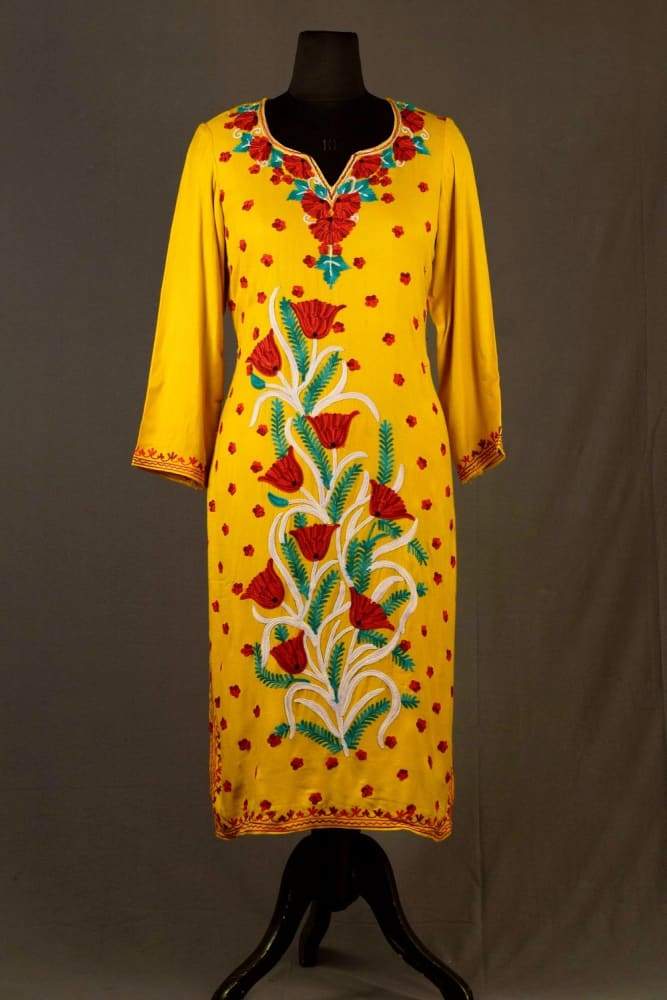 YELLOW MUSTARD COLOUR AARI WORK EMBROIDERED KURTI WITH NEW