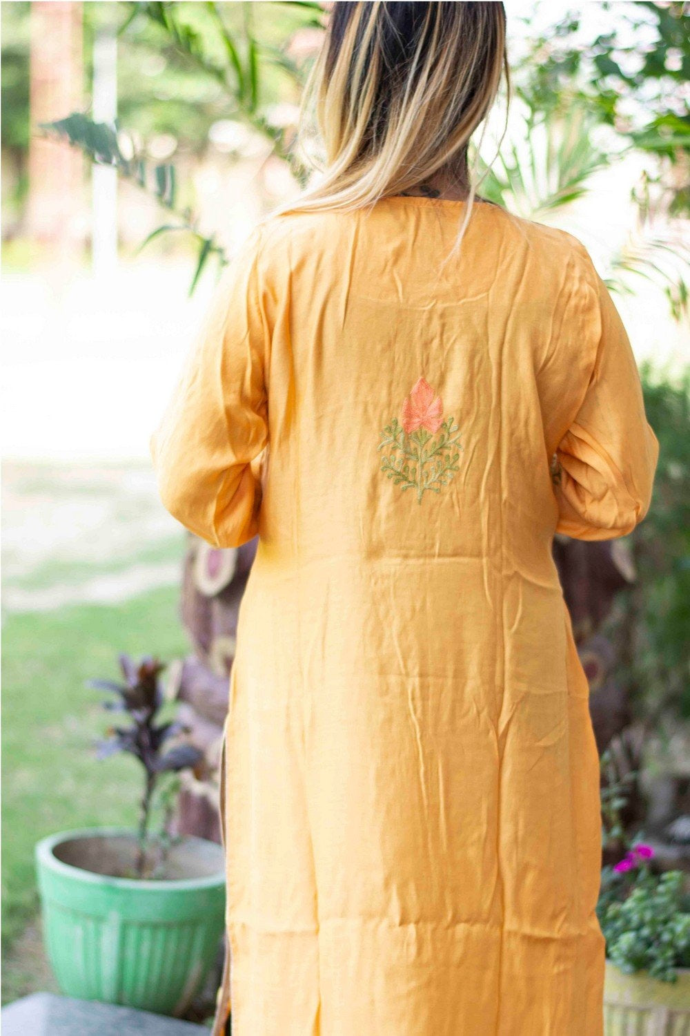 Yellow Mustard Colour Cotton Kurti With Beautiful Aari