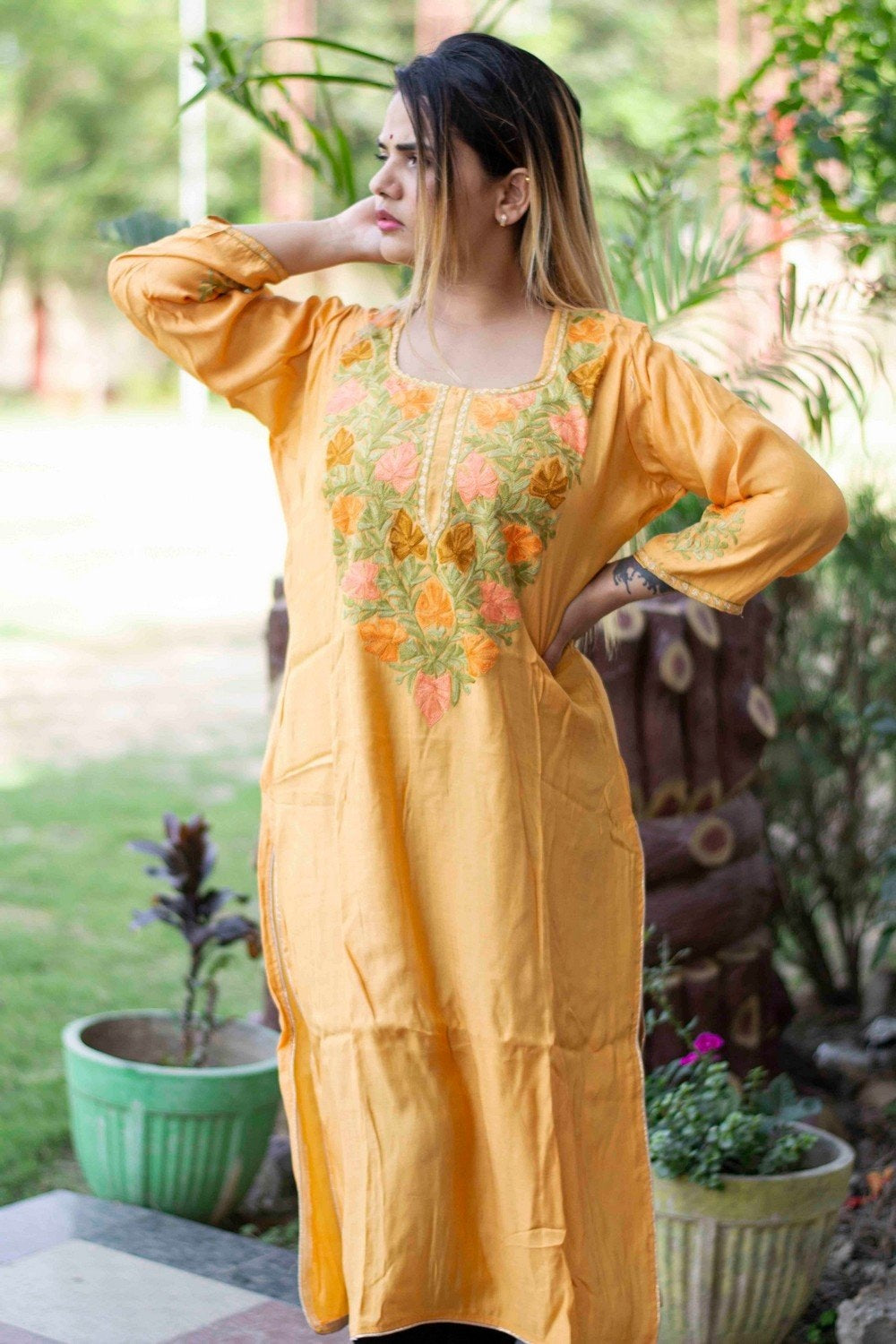 Yellow Mustard Colour Cotton Kurti With Beautiful Aari