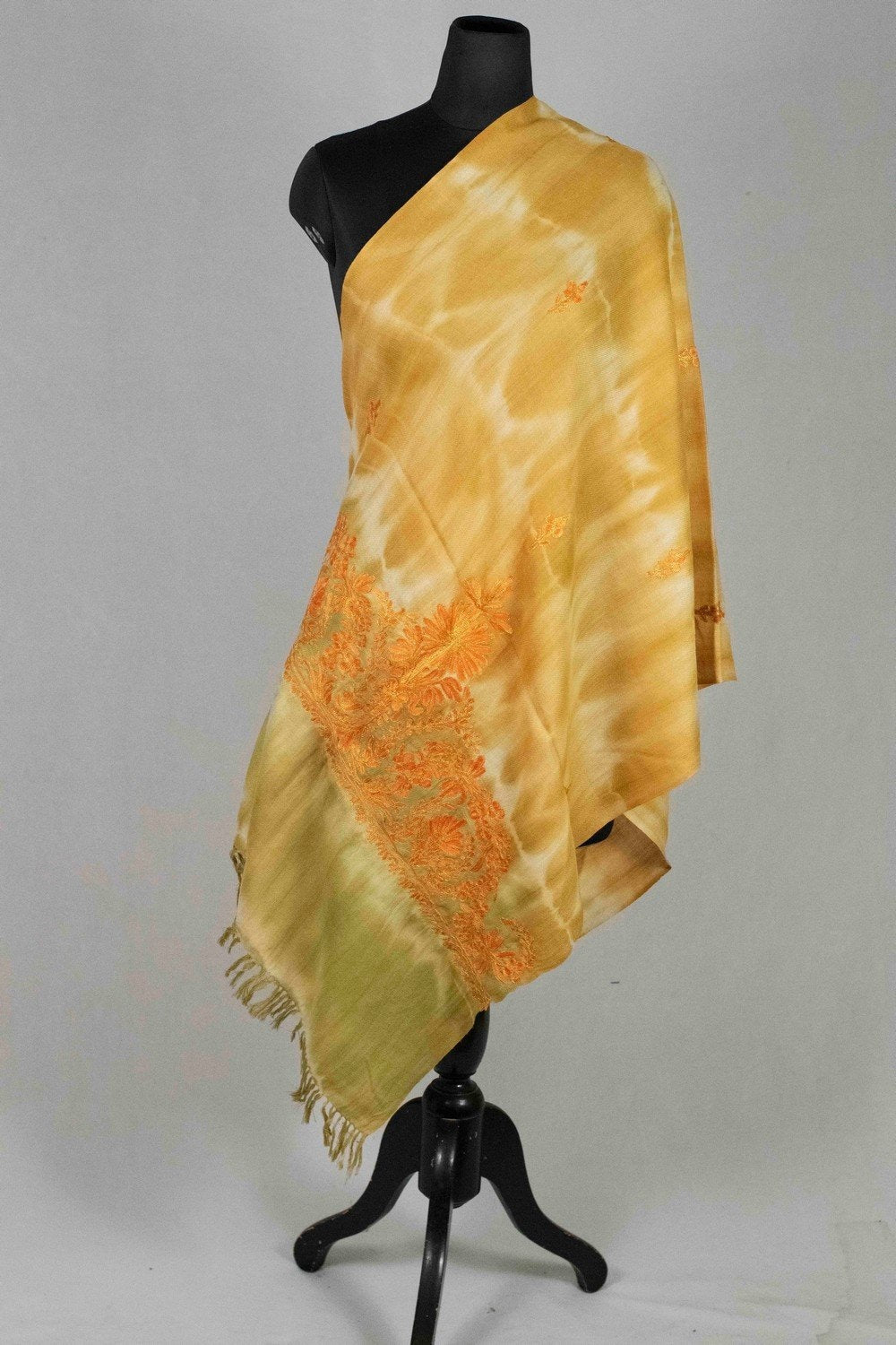 Yellow Mustard Tye Dye Stole With kashmiri Embroidery